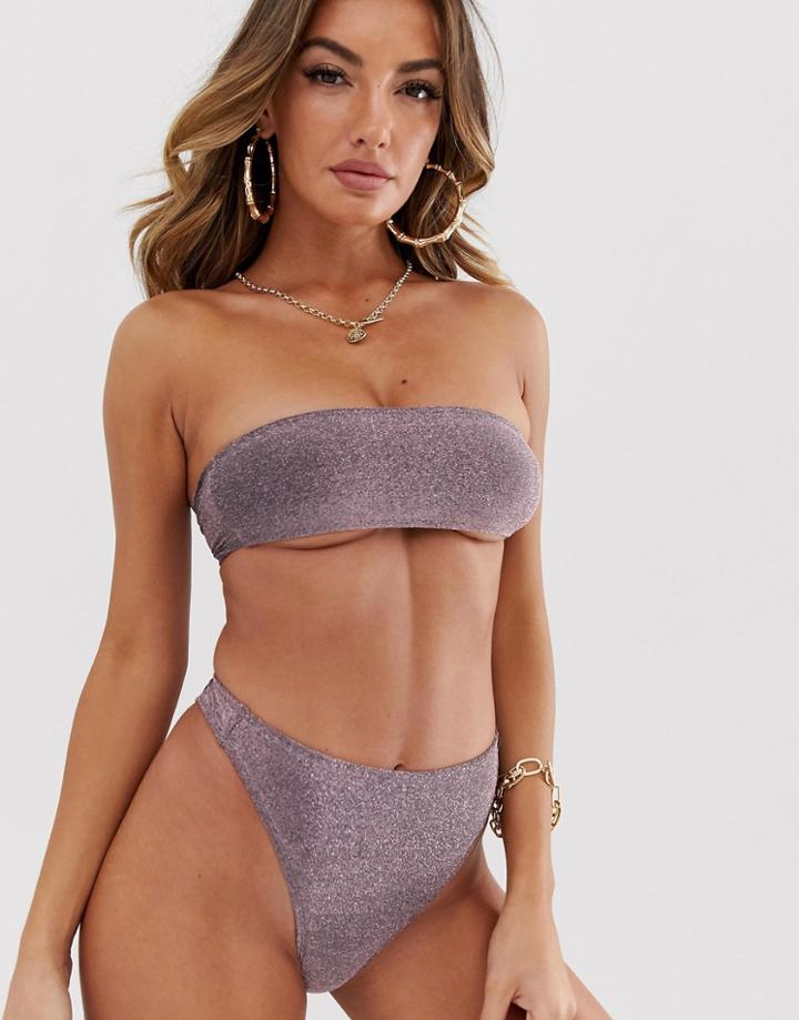 Motel Bandeau Bikini Top In Pink Glitter - Purple