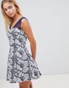 Qed London Floral Skater Dress With Mesh Insert - Navy