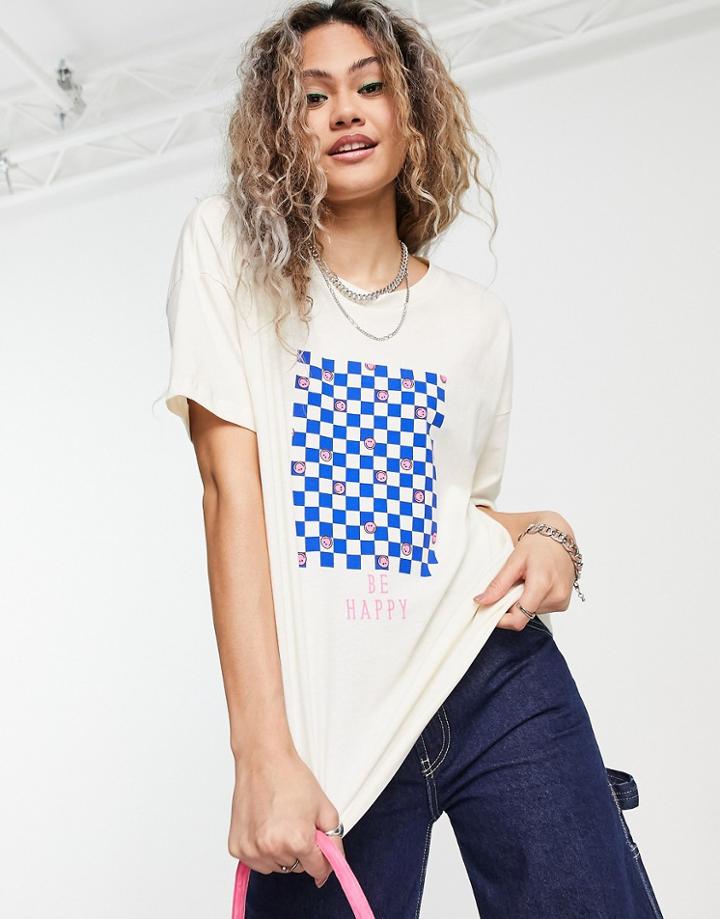 Noisy May Checkerboard Print Cropped T-shirt In Cream-white