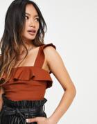 Vesper Square Neck Crop Top With Frill In Ginger-copper