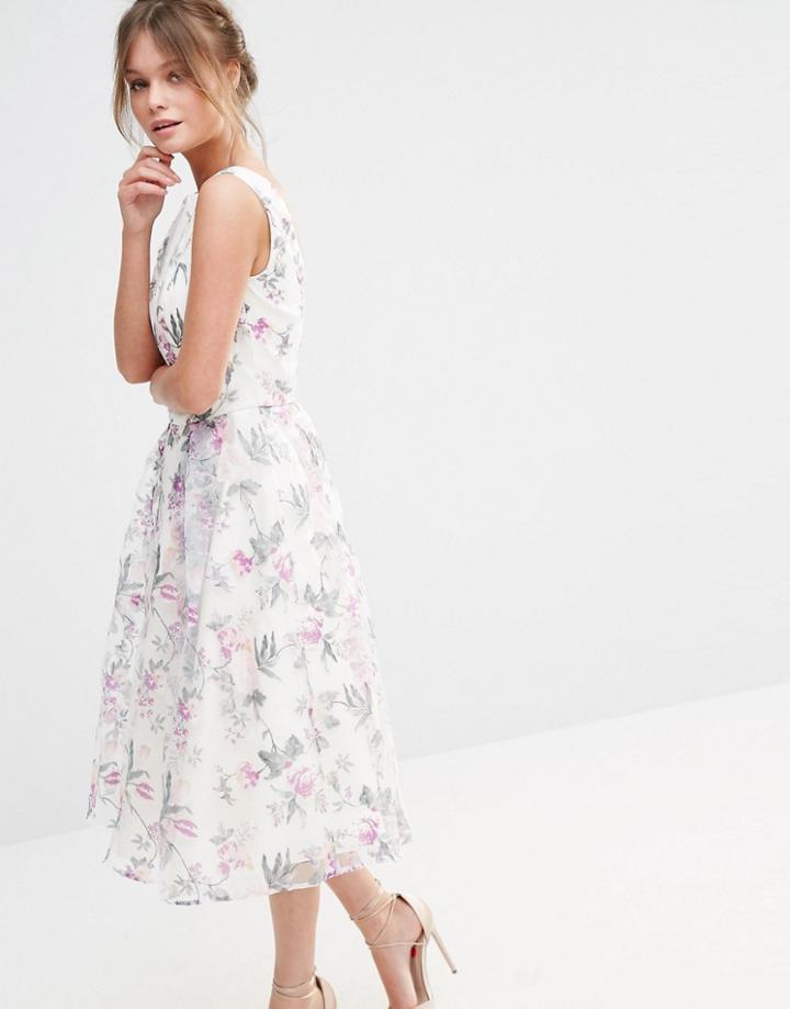 Chi Chi London Decadent Satin Midi Dress In Allover Floral Print - Pink Floral Print