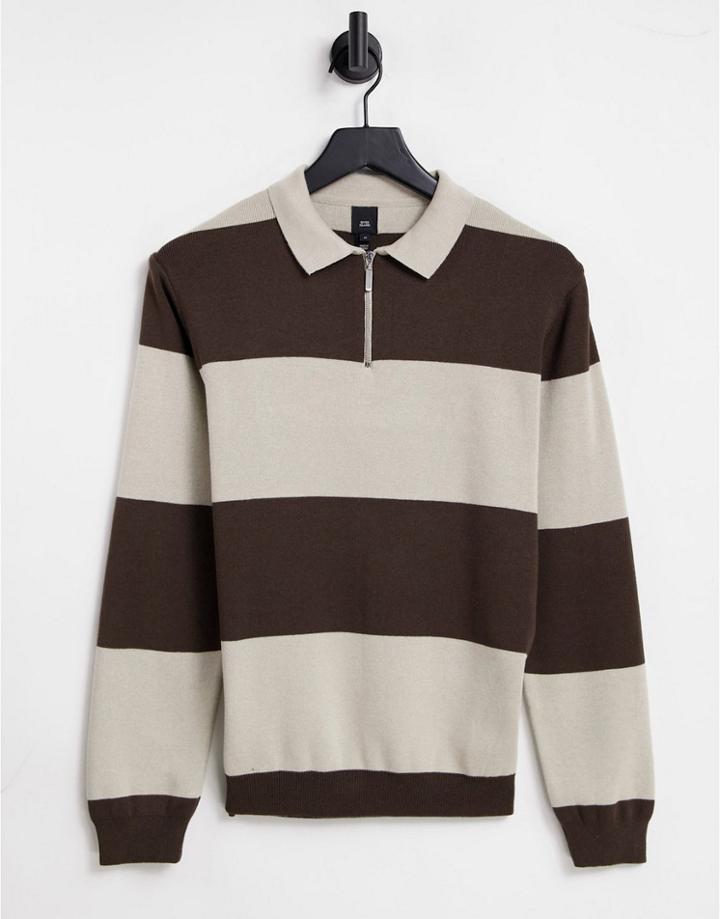 River Island Rugby Block Polo In Brown Stripe