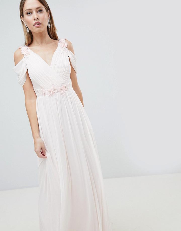 Lipsy Cold Shoulder Chiffon Maxi Dress With 3d Floral Trim - Pink