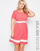 Praslin Plus Size Skater Dress With Contrast Band - Coral
