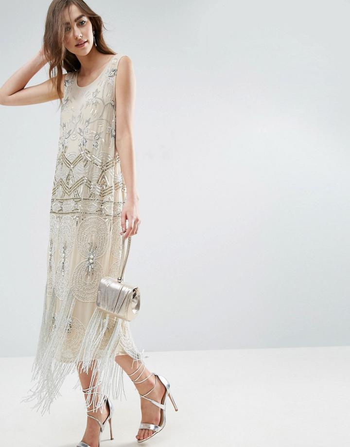 Asos Gold Tassle Embellished V Back Midi Dress - Cream