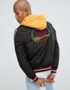 Bershka Bomber Jacket With Detachable Hood And Back Embroidery In Black - Black