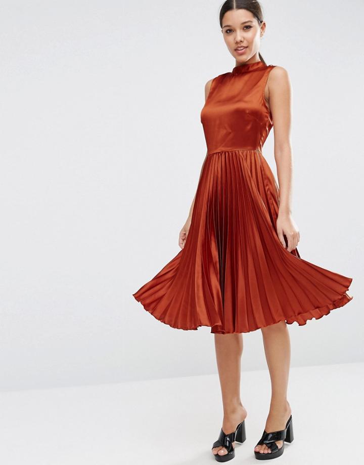 Asos Sleeveless Pleated Midi Dress In Satin With High Neck - Brown
