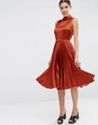 Asos Sleeveless Pleated Midi Dress In Satin With High Neck - Brown