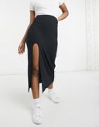 Asos Design Ribbed Midi Thigh Split Skirt In Black