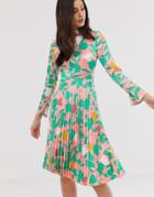Asos Design Pleated Midi Dress With Fluted Sleeve In Floral Print-multi