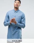 Asos Tall Regular Fit Denim Longline Shirt In Mid Wash - Blue