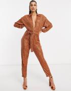 Asos Design Sequin Zip-front Jogger Jumpsuit In Rust-brown