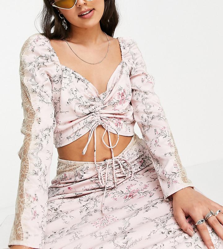Reclaimed Vintage Couture Satin Crop Top Set In Pink Floral Print With Lace Inserts And Ruched Detail