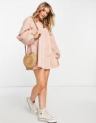 Asos Design Denim Puff Ball Sleeve Mini Dress In Pastel Pink