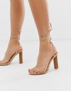 Office Heartbeat Light Pink Tie Up Heeled Sandals With Cylindrical Heel - Pink