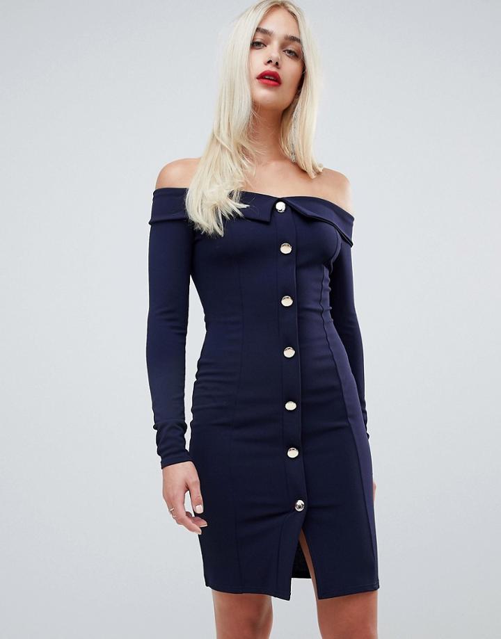 Outrageous Fortune Off Shoulder Long Sleeve Tuxedo Mini Dress In Navy