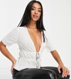 Asos Design Petite Tie Detail Plisse Short Sleeve Top In Ecru-white