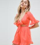 Asos Design Petite Romper With Cut Out And Tie Detail In Linen - Multi