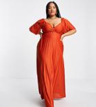 Asos Design Curve Pleated Twist Back Cap Sleeve Maxi Dress In Rust-copper