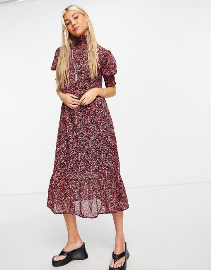 Violet Romance High Neck Tiered Smock Dress In Floral Print-multi