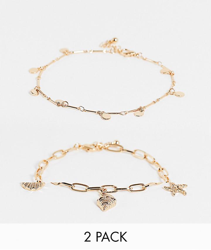 Asos Design Pack Of 2 Anklets With Shell And Starfish Charms In Gold Tone