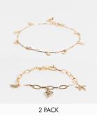 Asos Design Pack Of 2 Anklets With Shell And Starfish Charms In Gold Tone