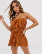 Asos Design Jersey Towelling Bandeau Beach Romper With Rope Belt - Brown