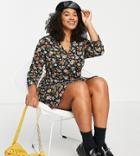 Asos Design Curve Collared Button Through Mini Shirt Dress In Black Floral Print-multi