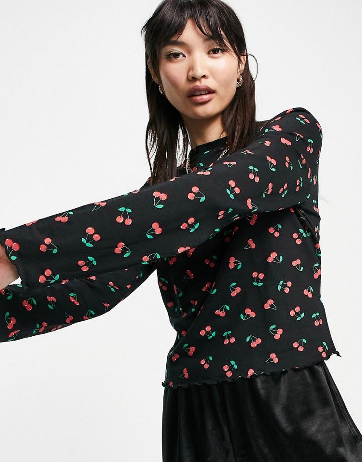 Asos Design Cherry Print Long Sleeve Top-multi