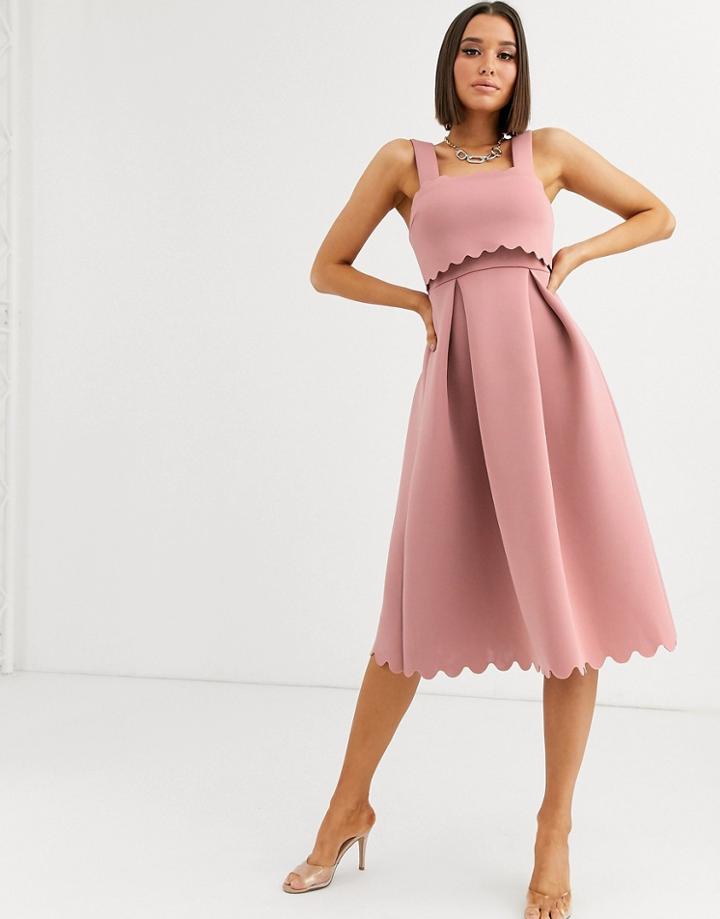 Asos Design Square Neck Scallop Detail Prom Skater Midi Dress