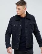 Hoxton Denim Black Denim Jacket With Fleece Collar - Black