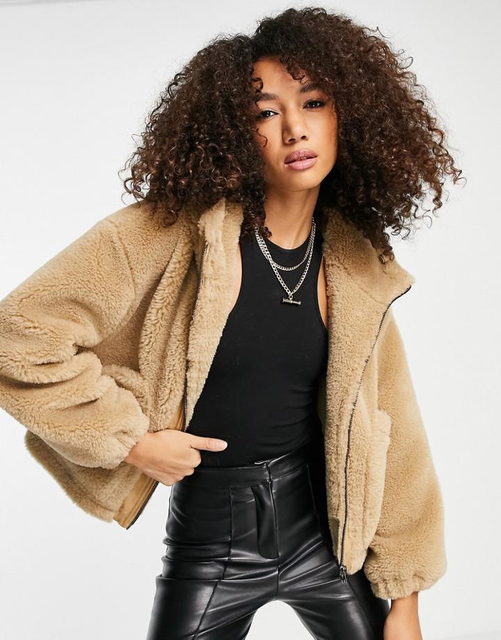 Topshop Faux Fur Shearling Zip Up Jacket With Hood In Tan-brown