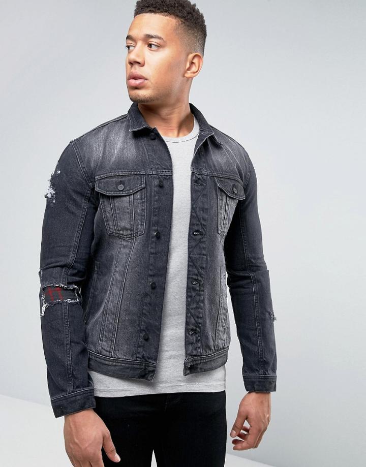 Religion Denim Jacket With Rip Repair Patches - Black