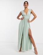 Asos Design Premium Lace Insert Pleated Maxi Dress In Sage Green