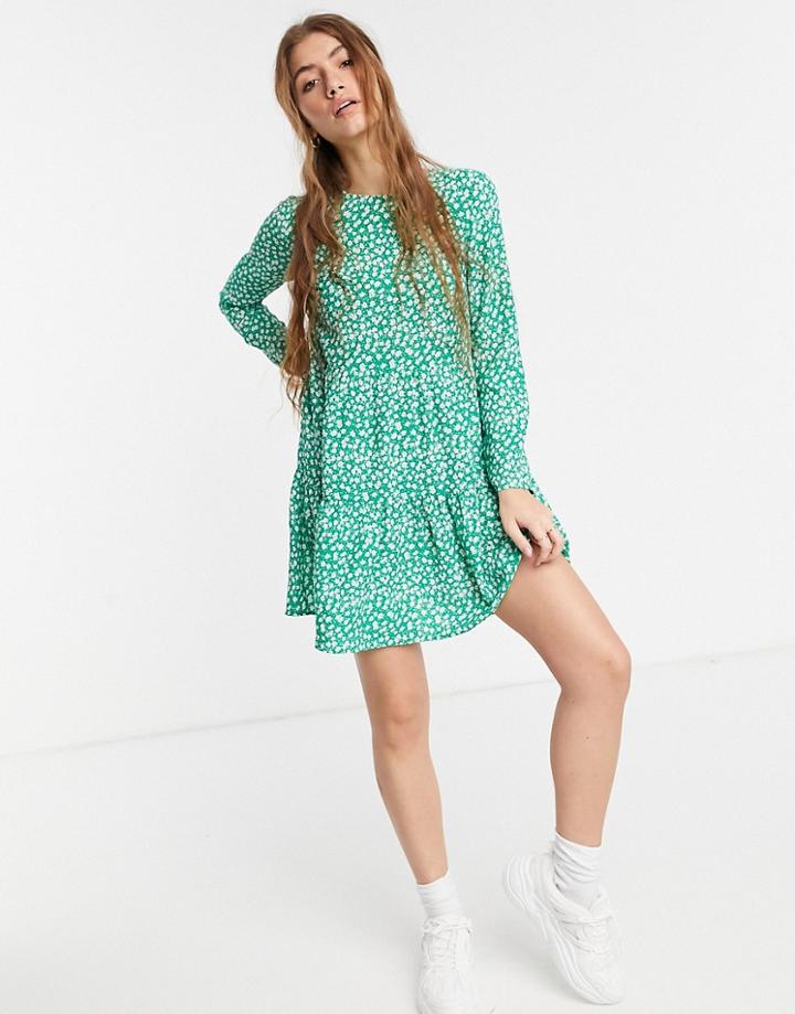 Asos Design Long Sleeve Tiered Smock Mini Dress In Green Floral-multi