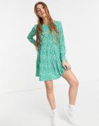 Asos Design Long Sleeve Tiered Smock Mini Dress In Green Floral-multi