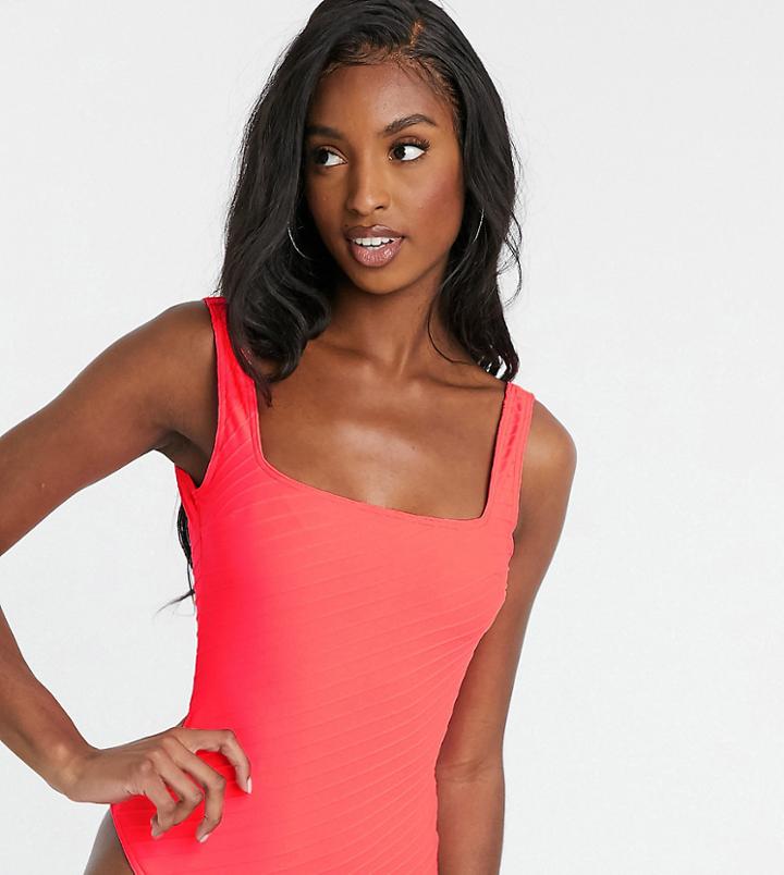 Asos Design Tall Deep Rib Square Neck Swimsuit In Faded Fluorescent Red