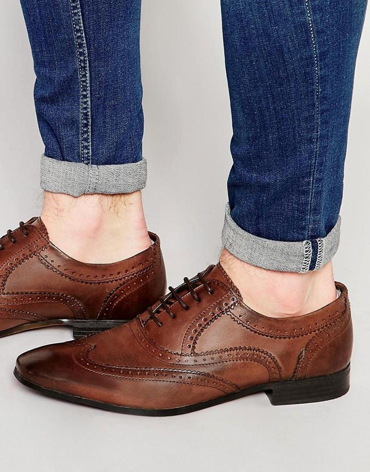 Asos Oxford Brogue Shoes In Brown Leather - Brown