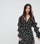 Fashion Union Petite Wrap Dress In Daisy Floral With Ruffle Sleeves - Multi