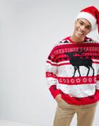 Asos Holidays Sweatshirt With Fair Isle & Reindeer Print - Red
