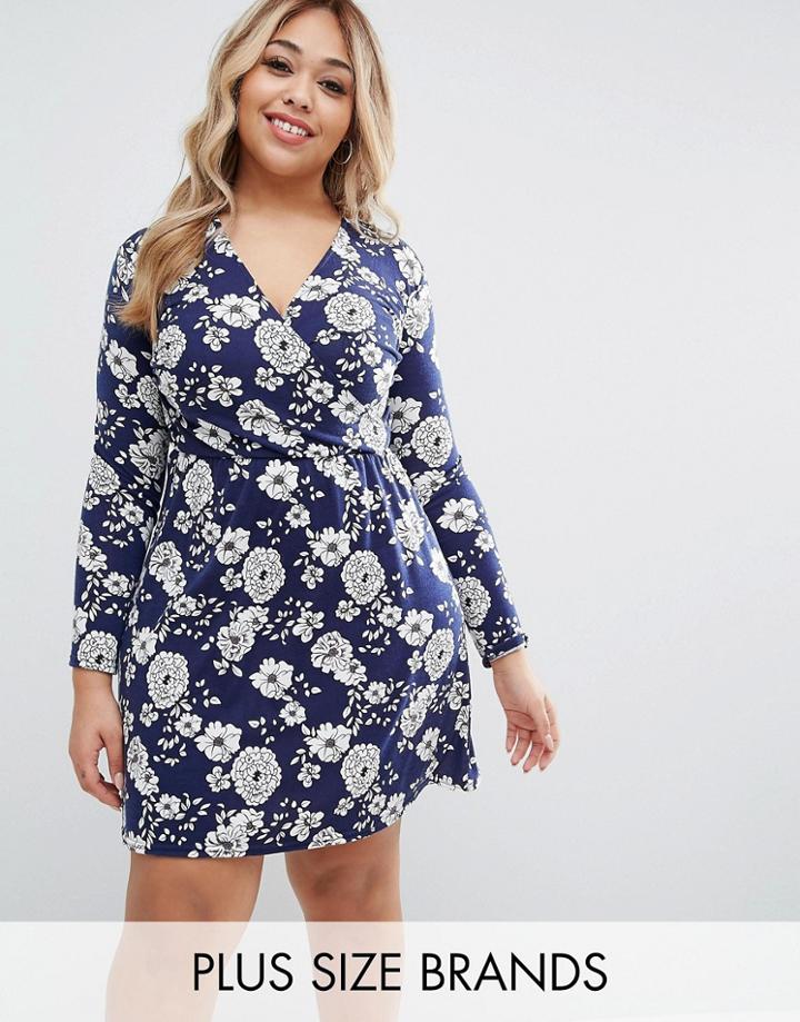 Club L Plus Skater Dress In Floral Print - Navy