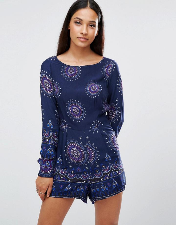 Ax Paris Long Sleeve Printed Romper - Navy