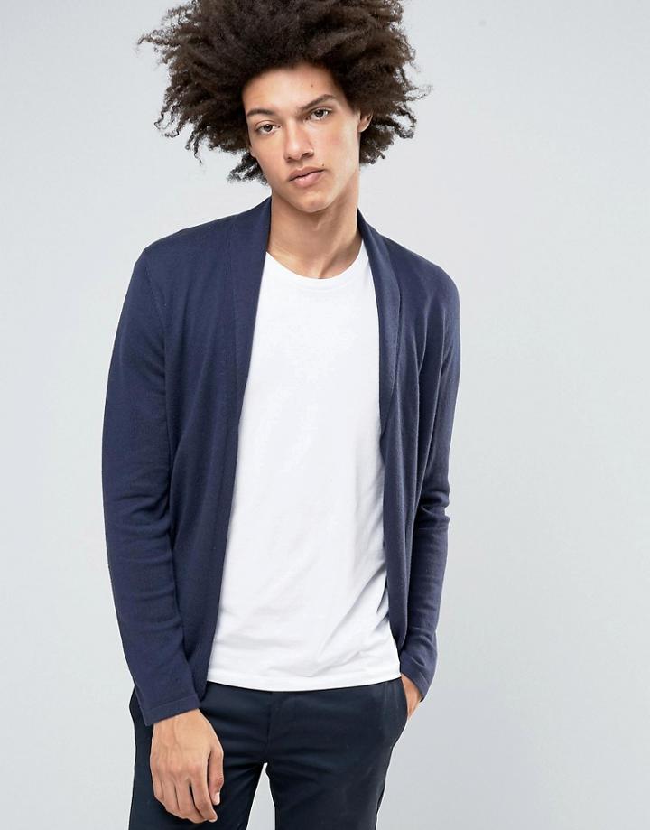Asos Open Shawl Cardi In Merino Wool Mix - Navy
