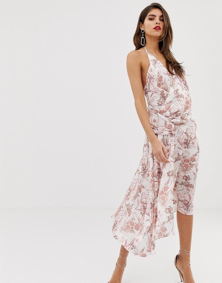 Asos Design Strappy Midi Dress In Satin With Ruched Drape Side In Tolie Du Joie-multi