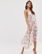 Asos Design Strappy Midi Dress In Satin With Ruched Drape Side In Tolie Du Joie-multi