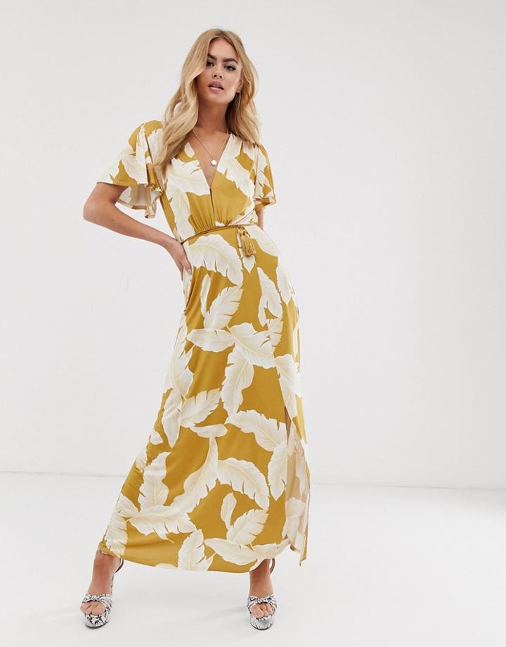 Asos Design Floral Flutter Sleeve Maxi Dress With Tassel Belt-multi