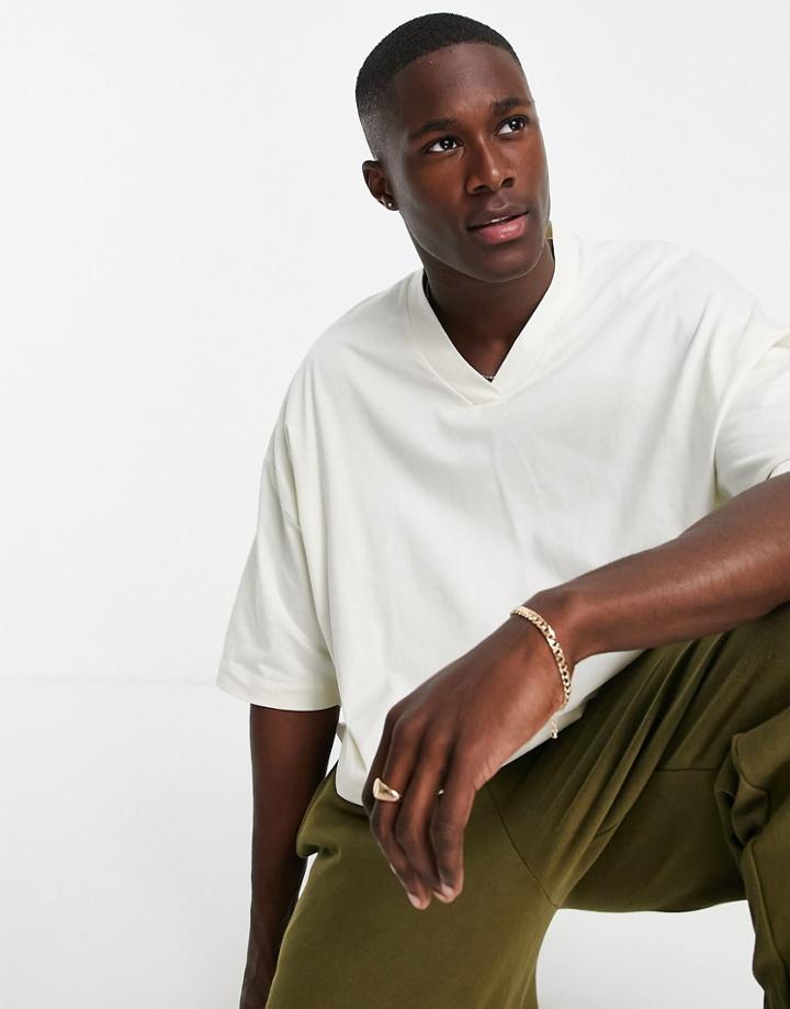Asos Design Oversized Half Sleeve T-shirt With V Neck In Cream-white