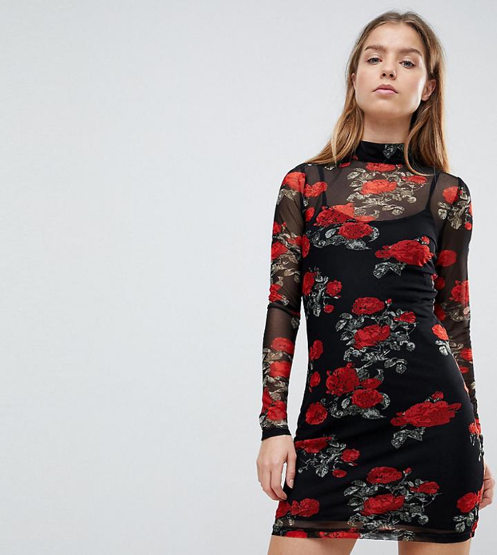 Noisy May Petite Mesh Dress With Rose Print - Multi