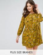 Rage Plus Floral Smock Dress With 3/4 Sleeve - Yellow