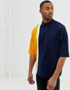 Asos Design Oversized Polo Shirt In Pique Fabric With Vertical Color Block In Navy
